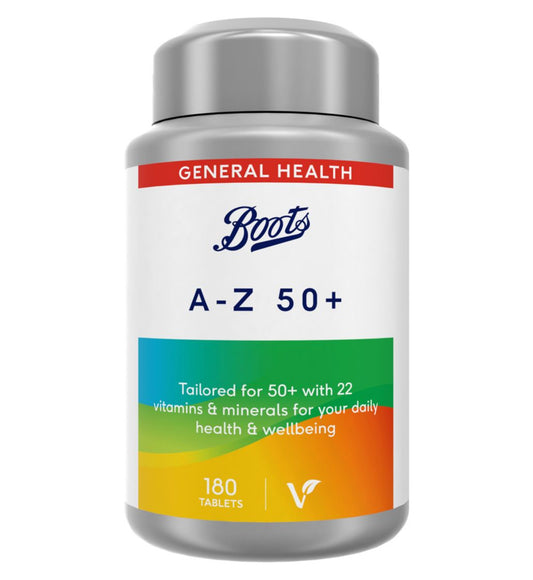 Boots 50歲以上維他命A-Z膳食補充劑瓶裝，適合中老年人補充營養
